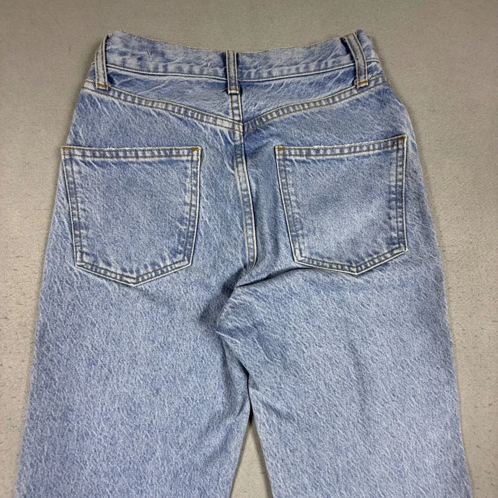 Zara Womens Crossed Waist Straight Leg Jeans Light Wash Raw Hem Blue Size 2
